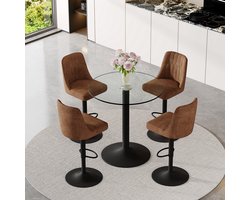 Barset - Glazen Bartafel Met 4 Barkrukken - Draaibaar En In Hoogte Verstelbaar - Voor Keuken, Bar En Lounge - Metaal Bruin Zwart