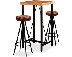 Barset Hout en Leer - Barkeep Set Pub Tafel - Gezellig Borrelen - Handgemaakt Uniek - 3 delig - Bruin