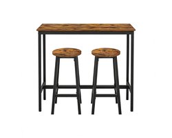 Barset met 1 hoge tafel 40×100×90 cm en 2 barkrukken 32×32×65 cm, bruin + zwart, industrieel design, kantelbeveiliging, verstelbare tafelpoot, comfortabele ronde zit, multifunctioneel, geschikt voor keuken, eetkamer en barhoek