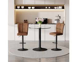 Barset - Ronde Glazen Bartafel Met 2 Draaibare Barkrukken - Verstelbare Zithoogte Voor Keuken, Bar En Lounge - Metaal - Bruin Zwart Transparant