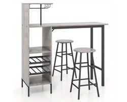 Barset – Tuinbarset – Bistroset – Barkrukset – Barmeubel – Industrieel Design – Inclusief Wijnrek en Glashouder – MDF Tafel met Metalen Frame – Compact Formaat 120x40x110 cm - Grijs