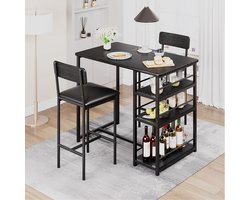 Barset – Tuinbarset – Bistroset – Barmeubel – Eettafelset – Compact Met 3-Lagen Opbergruimte – Gestoffeerde Barkrukken Met Voetensteun - Zwart