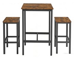 Barset,bruin + zwart 3-delig met 1 tafel van 60 x 60 x 90 cm en 2 krukken van 30 x 40 x 65 cm, stevig en duurzaam metalen frame, krukken kunnen onder de tafel worden geschoven om ruimte te besparen, geschikt voor eetkamer en bar.
