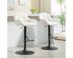 Barstoel – Barkruk – Barstoel Met Rugleuning – Keukenkruk – Stoel Voor Bar – Verstelbare Hoogte – 360° Draaibaar – Linnen Stof – Stalen Onderstel – Crèmekleurig