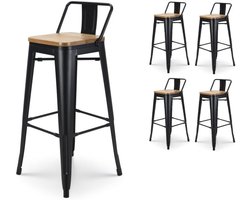 Barstoelen met kleine rugleuning van metaal, mat, zitvlak van licht natuurlijk hout, 4 stuks