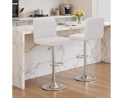 Barstoelen Set van 2 – In Hoogte Verstelbaar & Draaibaar – Barstoel met Rugleuning – Kunstleer – Met Voetensteun – Keuken Bar Stoelen–Wit