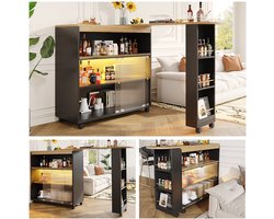 Bartafel - 138-204×39×105 cm - Uitschuifbaar met LED & Grote Opbergruimte - Hoek Bar - Zwart