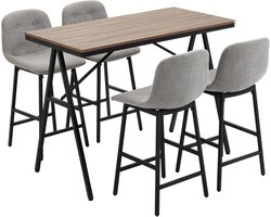 Bartafel – Barset – Keukentafel – Eettafel – Barkrukken – Industrieel Design – Gecoat Stalen Frame – Linnen Look Bekleding – 5-Delige Set – Grijs