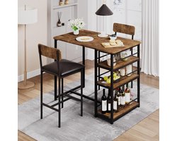 Bartafel met 2 Barkrukken - Eettafelset voor 2 Personen - Hoge Keukentafel met Gevoerde Stoelen - Met 3 Opbergplanken - Industrieel Vintage Bruin - Ruimtebesparend voor Kleine Ruimtes