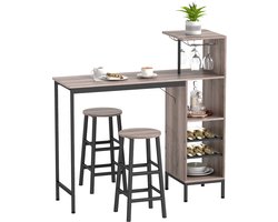 Bartafel met 2 Barkrukken – Industriële Bartafelset met Uittrekbare Planken en Glashouder – Bistrotafel voor Keuken - Woonkamer en Eetkamer - Grijs
