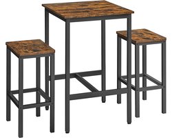 Bartafel met barkrukken set, eettafel met 2 stoelen, kleine keukentafel 60 x 60 x 90 cm, barkrukken 30 x 40 x 65 cm, voor eetkamer, keuken, industrieel design, vintage bruin-zwart