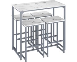 Bartafel met krukken - Eetset - Gezellig samenzijn - Marmerlook blad - 4 personen - Wit zilver