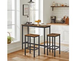Bartafel-set, statafel met 2 barkrukken, keukenbar met barstoelen, keukentafel en keukenstoelen in industrieel design, voor in de keuken, 120 x 60 x 90 cm, vintage, donkerbruin