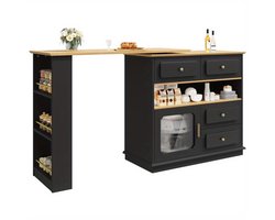 Bartafel – Statafel – Barmeubel – Keukentafel – Eettafel – Uitschuifbaar 125-181 cm – 360° Draaibaar – Metaal & MDF – Met Opbergruimte – Zwart – Voor Horeca & Thuis