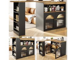 Bartafel Uitschuifbaar & 360° Draaibaar met LED Verlichting en Opbergruimte 138x39x105 cm – Moderne Statafel / Bistrotafel met Glazen Front en Smartphone Bediening – Teak Zwart – Laura