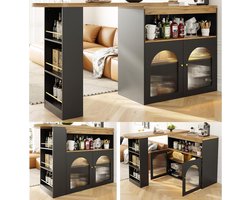 Bartafel Uittrekbaar & Draaibaar 138x39x105 cm met Opbergruimte en LED Verlichting – Moderne Statafel / Bistrotafel van Teakhout Zwart – Laura