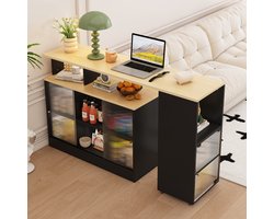 Bartafel, Zwart, met Opbergruimte, Telescopisch Draaibaar, moderne verrijdbare bartafel, hoge tafel, bistrotafel