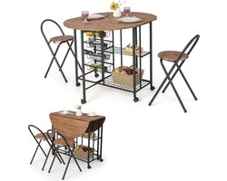 Bartafelset, 3-delig, inklapbare eettafel op wieltjes, met 2 planken, 4 uittrekbare manden, 2 inklapbare krukken voor keuken, eetkamer, eetgroep, keukenbar, zitgroep (bruin)
