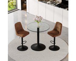 Bartafelset - Glazen Bartafel Met 2 Draaibare Barkrukken - Verstelbaar Met Voetsteun - Voor Keuken En Bar - Metaal Bruin Zwart