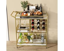 Barwagen met wijnrek en glashouder, trolley met 3 niveaus voor dranken, koffie en wijn, ruime opbergruimte voor keuken, woonkamer en feesten (goud)