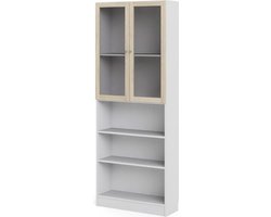 Base wandkast 2 glazen deuren en 2 planken wit, eiken structuur decor.