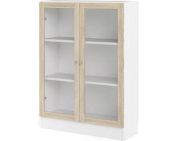 Base wandkast 2 glazen deuren wit, eiken structuur decor.