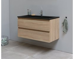 Basic Bella Badkamermeubelset - 100x55x46cm - 1 wasbak - Acryl - Zwart - 1 kraangat - Zonder spiegel - MDF Eiken