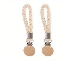 Basic Household Essentials - 2-Pack Handdoekklemmen Ecru – RVS met Houten Knop en Natuurlijke Katoenen Koord (11.5 × 3 cm) - handdoekhaak - handdoekhaakje - handdoeklus - handdoekhanger