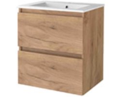 Basic-Line Start 46 Badkamermeubelset - 60 x 46 cm - Greeploos - 2 Lades - Keramische Wastafel - 1 Kraangat - Whisky Oak