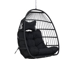 Basket Hangstoel Symphony - Zwart Wicker - Zwart Touw - Zwart Kussen- Opvouwbaar - Voor Binnen en Buiten