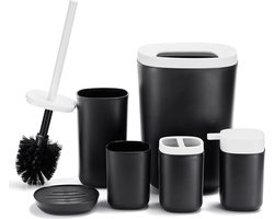 Bathroom Accessories Toilet Set 6-Piece with Toilet Brush, Toothbrush Cup, Trash Bin, Toothbrush Holder, Soap Dispenser and Soap Dish For Bathroom and Hotel Black