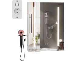 Bathroom Mirror Cabinet with Lighting Wall Cabinet Dimmable LED Bathroom Cabinet Adjustable Shelves Wood Storage Cabinet with Anti-Fog Mirror Hair Dryer Holder Cabinet for Toiletries EU Plug White