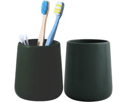 Bathroom Solutions Badkamer beker / tandenborstelhouder Earth Serie - 2x - Keramiek - donkergroen - 8 x 10 cm