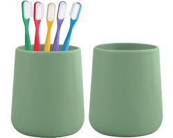 Bathroom Solutions Badkamer beker / tandenborstelhouder Earth Serie - 2x - Keramiek - groen - 8 x 10 cm