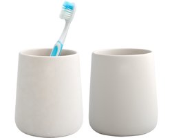 Bathroom Solutions Badkamer beker / tandenborstelhouder Earth Serie - 2x - Keramiek - ivoor wit - 8 x 10 cm