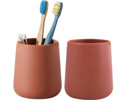 Bathroom Solutions Badkamer beker / tandenborstelhouder Earth Serie - 2x - Keramiek - terracotta - 8 x 10 cm