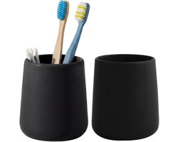 Bathroom Solutions Badkamer beker / tandenborstelhouder Earth Serie - 2x - Keramiek - zwart - 8 x 10 cm