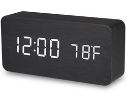 Batterijgevoede digitale klok geschikt voor de slaapkamer en woonkamer, nachtkastklok met temperatuurweergave, kantoorlook met houten afwerking (zwart).