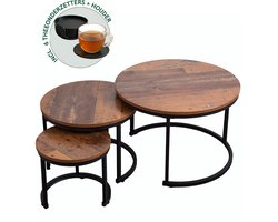 BAUER & MEYER® Salontafel Rond - Koffietafel - Incl. Thee Onderzetter set - Table Basse - Set van 3 salontafels - Hout – Industrieel Bruin