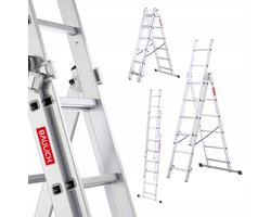 Baulich Aluminium opvouwbare multifunctionele vouwladder - 3 secties, 3x6 treden, met stabilisator, draagvermogen 150 kg, maximale werkhoogte 389 cm, licht en duurzaam