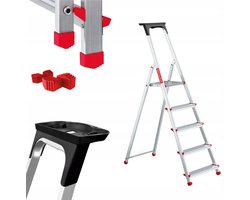 Baulich Huishoudtrap Aluminium - 5 treden met plateau - Opvouwbare vouwladder met antislip treden - Draagvermogen 125 kg - Werkhoogte 297 cm - Stabiele geprofileerde voeten