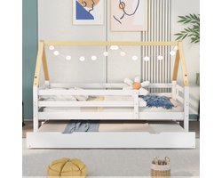 Baumhausbed Dagbed Eenpersoonsbed Kinderbed Uitschuifbed Schuifbed met Rollen onderkant - 90x200 & 90x190 cm - Massief hout - Wit bed - Natuurlijke kleur kapconstructie