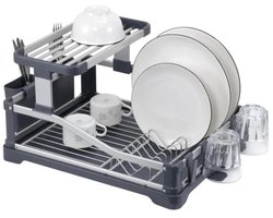 Bavary Afdruiprek met Lekbak - Afwasrek - Met Bestekhouder - 2 Laags - Aluminium - Zilver/Grijs