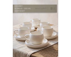 Bavary Chubby Koffie & Theekopjes met Schotel 12-delig - 6 Personen - Porselein - Wit - 200 ml - Rond Chubby Design - Vaatwasserbestendig - Koffiekopjes set