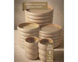Bavary Chubby Serviesset 24-delig Porselein - Beige - 6 Personen - Mat buiten/Glanzend Binnen - Vaatwasser- & Magnetronbestendig