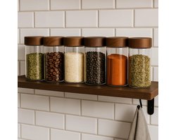Bavary Collection – 6-delige glazen voorraadpotten set met houten deksel – 500 ml per pot – Luchtdicht – 6,5x15 cm – Ideaal voor koffiebonen, rijst, pasta, kruiden en specerijen – Keuken opbergpotten – Transparant