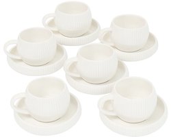 Bavary Collection Chubby Lines – 6-delige Koffiekopjes / Thee Kopjes Set – Porselein – Inclusief Schoteltjes – Wit – 200 ml