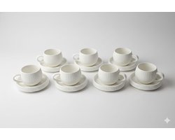 Bavary Collection Chubby Lines – 6-delige Turkse Koffiekopjes / Espresso Kopjes Set – Porselein – Inclusief Schoteltjes – Wit – 120 ml
