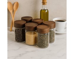 Bavary Collection Glazen Voorraadpotten met Houten Deksel – 6 stuks – 250 ml – 6,5x10 cm – Luchtdichte Bewaarpotten voor Koffie, Thee, Kruiden en Suiker