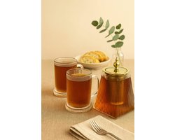 Bavary Collection Theeset – 3-delig – Theepot met Gouden Deksel & Filter (950 ml) + 2 Glazen Mokken (400 ml) – Luxe Ribbel Glas – High Quality Glassware – Transparant/Goud